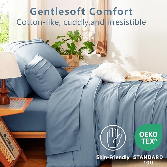 CozyLux King Size Comforter Set Grayish Blue, 7 Pieces Soft Pinch Pleat Bed in a Bag King Comforter Set with Sheets, Boho Bed Set with Down Alternative Comforter, Sheets, Pillowcases & Shams