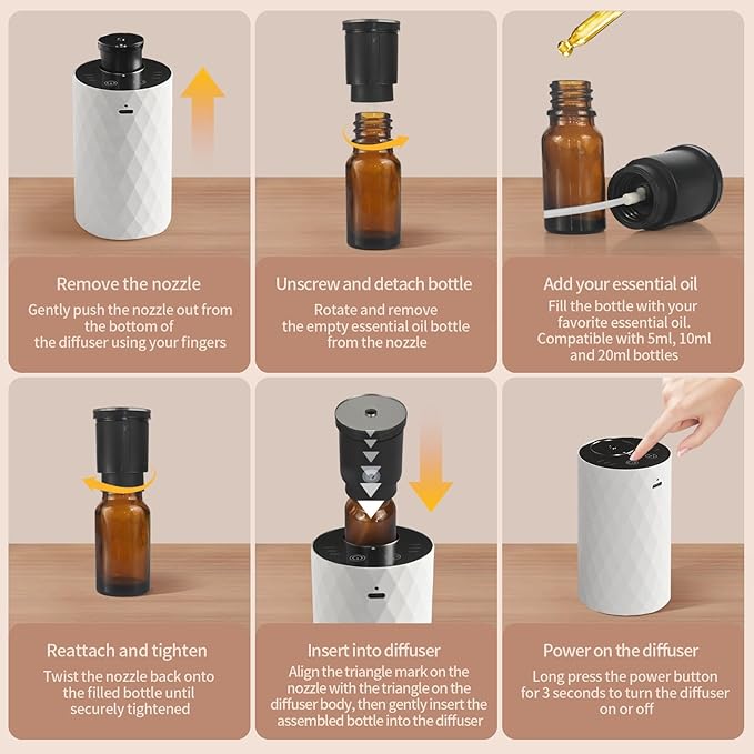 Waterless Essential Oil Diffuser - Portable Aromatherapy Scent Machine with 3 Mist Modes & Timer