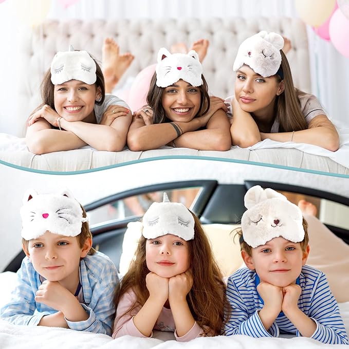 Geyoga 3 Pcs Sleep Mask for Kids, Girls Plush Sleeping Eye Cover Soft Eye Blindfold Cover Animal Shade for Kids(White,Cat and Unicorn Style, White)