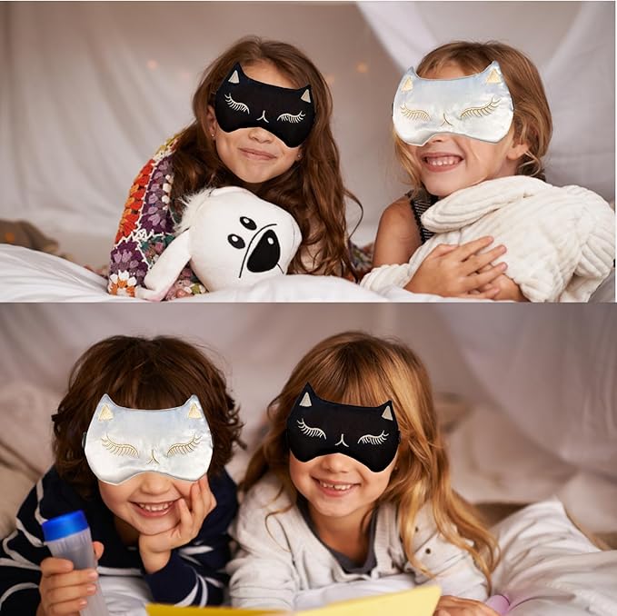 Cute Cat Sleep Mask for Kids (Grey&Black), 2 Pack Silk Sleeping Eye Cover Adjustable Mask Night Eyeshade Cover for Girls Boys Women Men Sleep Travel Party…