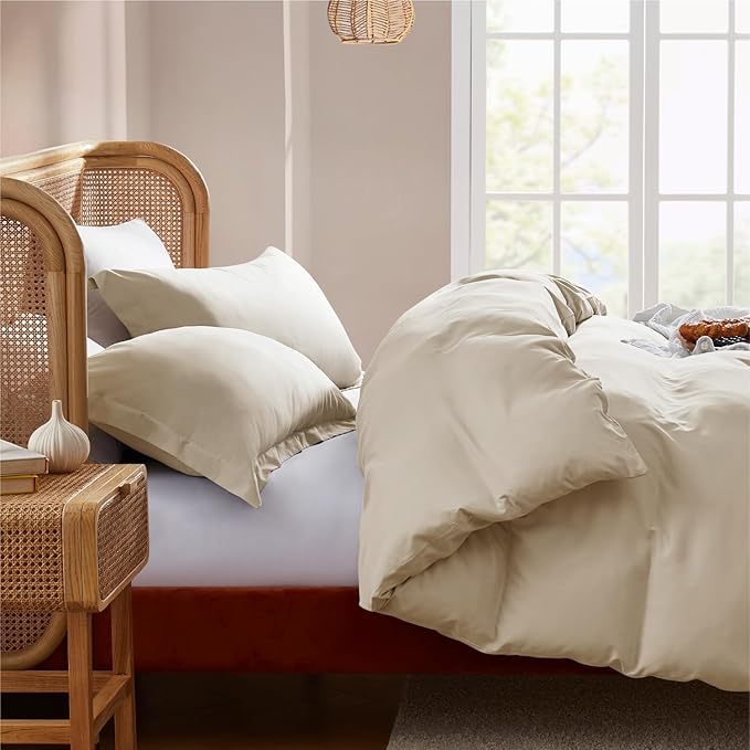 Nestl Twin Duvet Cover Set with Comforter Insert - Beige Cream 3 Piece 68x90 Duvet Cover & 1 Pillow Sham with White Quilted Down Alternative Comforter, Ultra Soft, All Season
