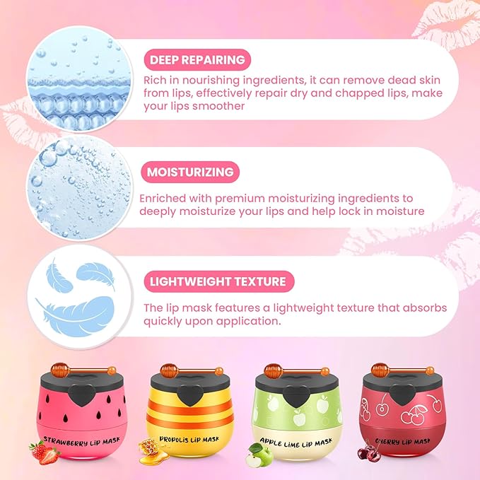 4PCS Bee Honey Balm Lip Balm, Cherry Apple Strawberry Honey Lip Balm, Moisturizing Sleeping Lip Mask Overnight, Prevention Dry and Cracked Lips