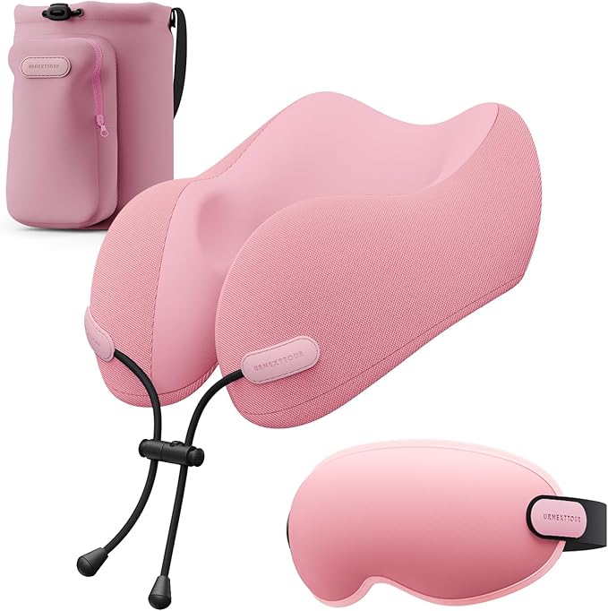urnexttour Neck Pillow for Travel Memory Foam Design Models Pillows with Zero Eye Pressure 3D Eye Mask and Compact Bag Traveling Essentials Plane Car Flight Rest Sleeping Use Adult, Pink