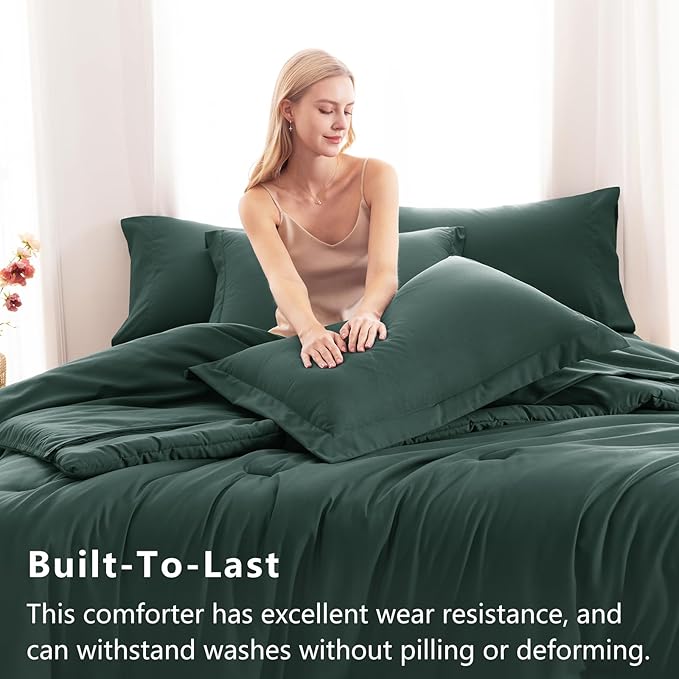 CozyLux Queen Comforter Set Forest Green, 7 Pieces Bed in a Bag Queen Comforter Set with Sheets, Luxury Soft Bedding Sets with Down Alternative Comforter, Fitted Sheet, Flat Sheet, Pillowcases & Shams