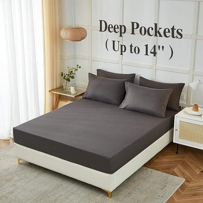 ILAVANDE King Size Sheets Set 6 Piece,Hotel Luxury Super Soft 1800 Series Microfiber Grey Bed Sheets King Set-Wrinkle Free & Breathable-14 Deep Pocket Sheets for King Size Bed(King,Neutral Grey)
