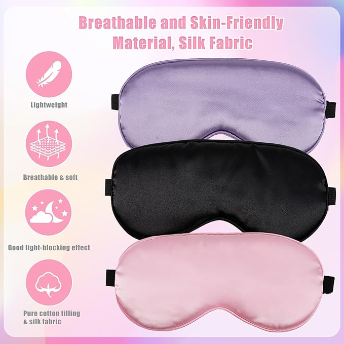 6 Pack Silk Sleep Mask,Silk Eye Mask for Sleeping,Soft Satin Blackout Eye Masks for Women Men,Blindfold Eyeshade for Night Sleep Travel(Black+Pink+Purple)