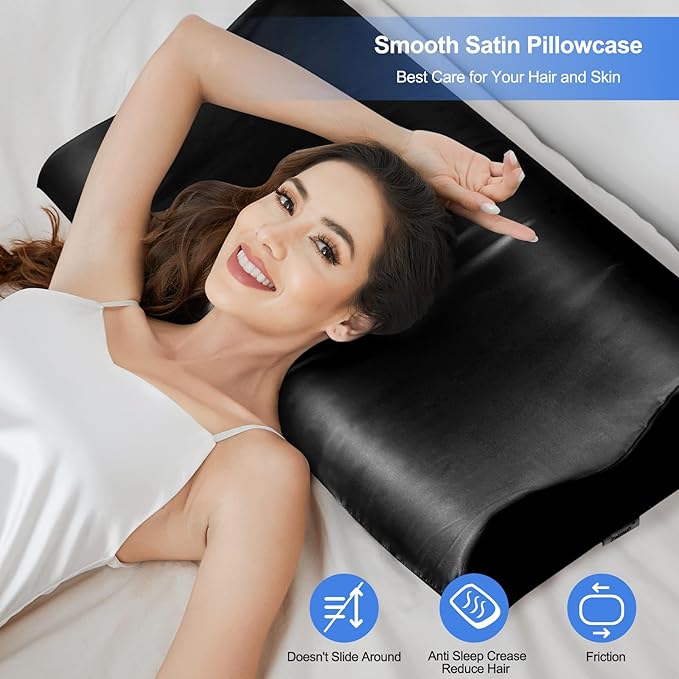 Satin Pillowcase for Contour Memory Foam Pillows, 24" x 14" x 5.1"/3.5" Cervical Pillow Case, Soft Pillow Cover for Sleeping Pillows (Black)