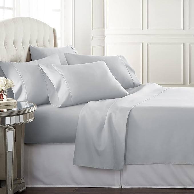 Danjor Linens Bed Sheet Set Full Size for Teens, Hotel Premium Sheets with 4 Pillowcases, Lightweight Brushed Microfiber Deep Pockets, Breathable Cooling 6 Piece Bedding Sets, Light Gray