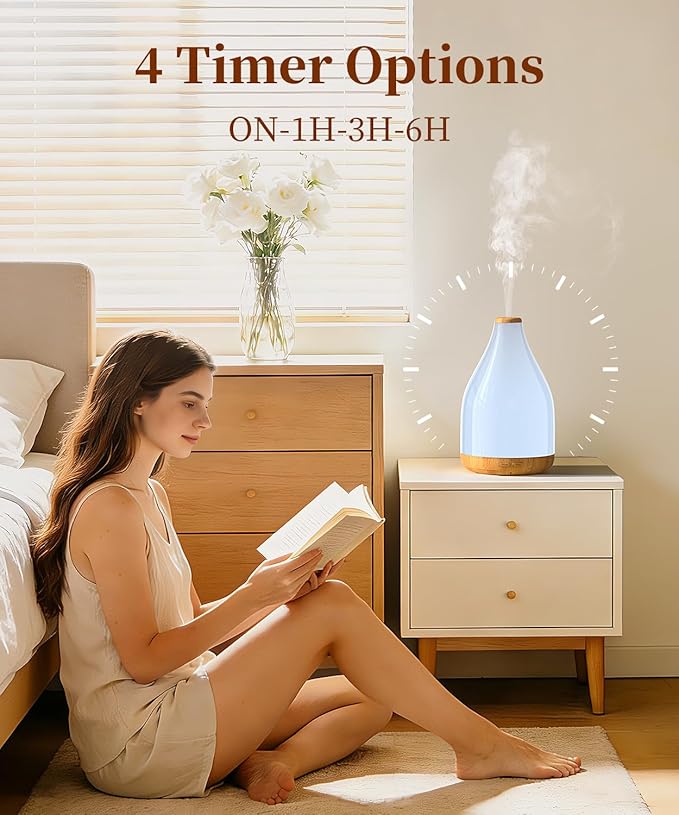 300ML Essential Oil Diffuser, Quiet Aromatherapy Diffuser Mist Humidifier with 7 Colors Light, Auto-Off, 1H/3H/6H Timer, Ultrasonic Room Scent Diffuser for Home, Office, Brown (No Remote)
