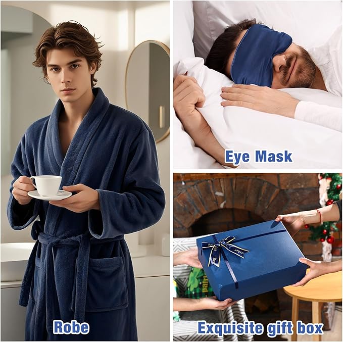 Nuogo 15 Pcs Birthday Gifts for Men Beard Care Set for Him Dad Birthday Gifts Basket Ideas Kit for Men Tumbler Bath Robe for Father's Day Dad Husband Boyfriend Box(Unhooded,Navy)