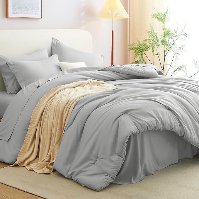 CozyLux Full Size Comforter Sets Light Grey, 7 Pieces Bed in a Bag Full Comforter Set with Sheets, Light Gray Luxury Soft Bedding Set with Down Alternative Comforter, Sheets, Pillowcases & Shams