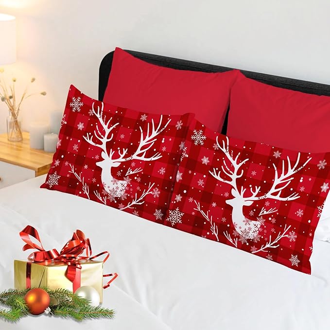 YIYEA Christmas Pillow Cases Queen Size Set of 4, Ultra Soft Double Brushed Microfiber Red Pillowcases and Christmas Pillow Covers, Envelope Closure, Fade Resistant (20"x30")