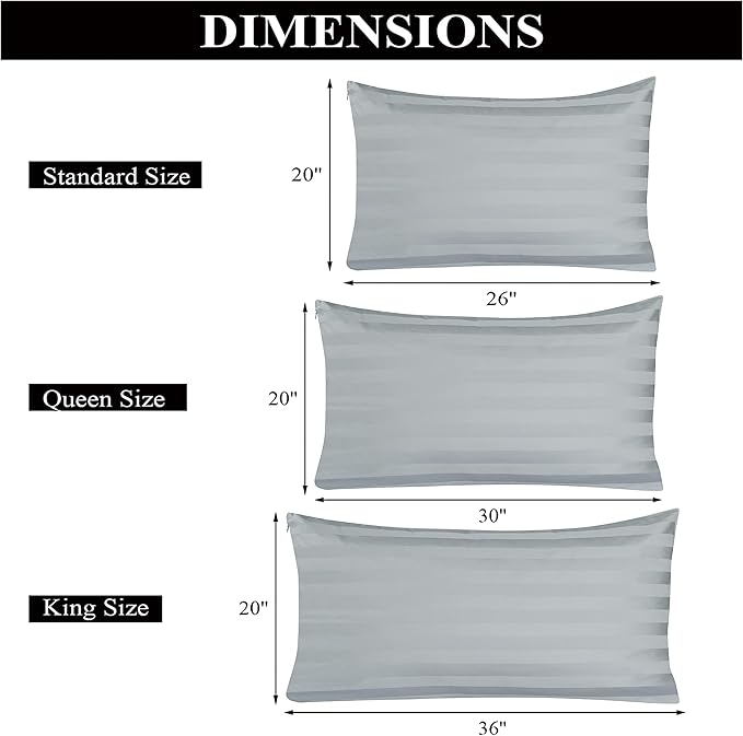 Pillow Protector King Size 100% Egyptian Cotton Pillow Covers, 400 Thread Count Sateen Weave Pillow Cases with Zipper Hidden, Breathable Non Noisy Easy Care, Set of 2 (Striped Gray)