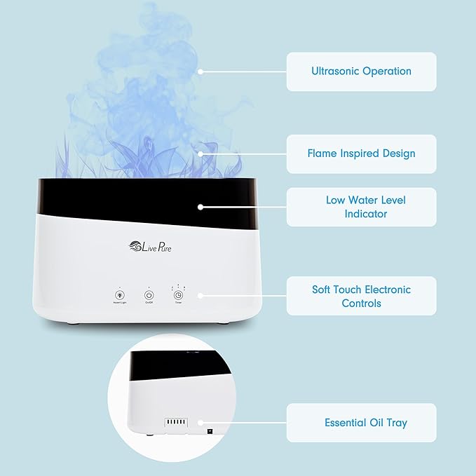 LivePure LP300HUM Aqua Flame Cool Mist Humidifier – Small Ultrasonic Plant Humidifier Indoor with Essential Oil Diffuser – Dorm Essentials, Apartment, Desks & Home Office White - 0.20 Gal/ .75L