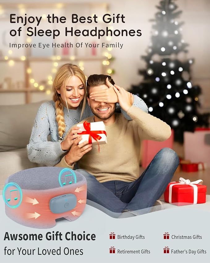 Heated Eye Masks for Dry Eyes with Bluetooth 6.0 Headphones - 3 Heat Levels, Memory Function, Soft Fabric Sleep Mask for Eye Strain & Migraine Relief - Unisex Light Gray