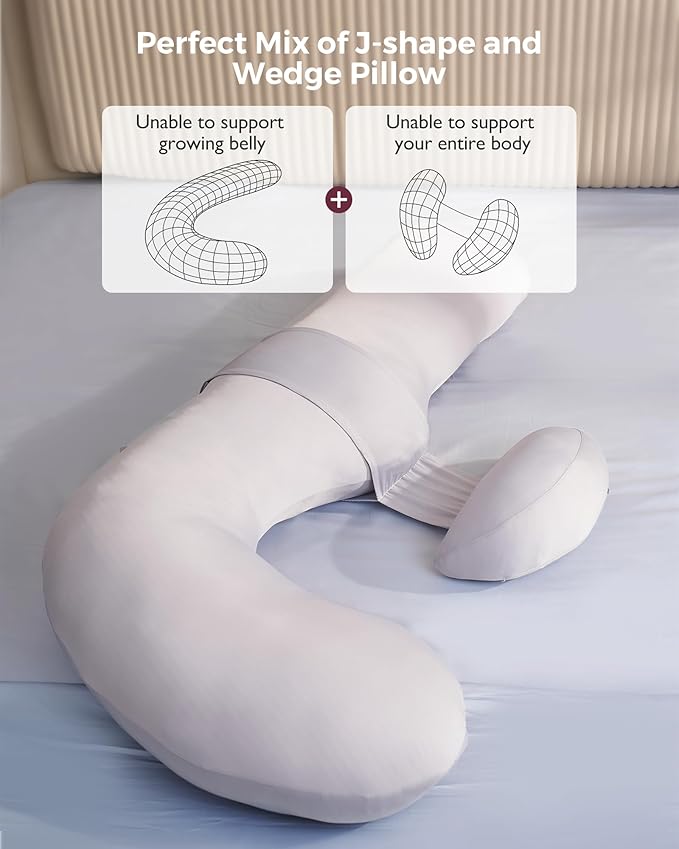 Momcozy Cooling Pregnancy Pillow,Original F Shaped Maternity Pillow for Pregnant Women with Adjustable Wedge Pillow, Full Body Support Pregnancy Pillows for Side Sleeping with Velvet Cover, Light Grey