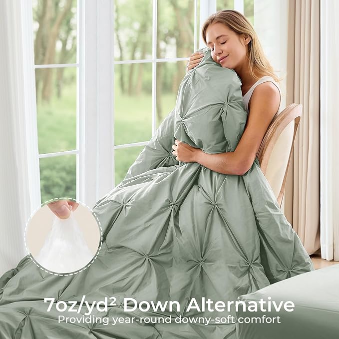 Sasttie Full Size Comforter Set, 7-Piece Bed in a Bag, Pintuck Bedding Set for All Season, Includes Comforter, Flat Sheet, Fitted Sheet, Pillowcases and Pillowshams, Dusty Green