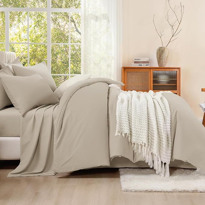 Litanika Twin/Twin XL Size Comforter Set Oatmeal - 5 Pieces Bed in a Bag Twin/Twin XL Bedding Comforter Sets, Solid Lightweight Bed Set with Comforter, Sheets, Pillowcase & Sham