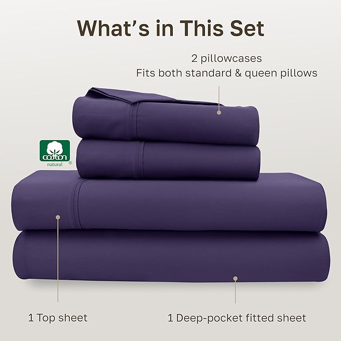 California Design Den Soft Queen Size Cotton Sheet Sets, 400 TC Good Housekeeping Award Winner, Silky Smooth Sateen Weave with Deep Pockets, Breathable and Durable Queen Bedding Set - Purple