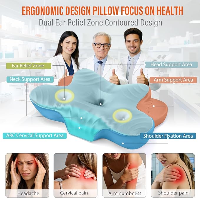 Dual Ear Relief Zone Contour Pillow, Ice Silk Satin Cervical Memory Foam Pillow for Sleeping, Ergonomic Neck Support for Side, Back & Stomach Sleepers