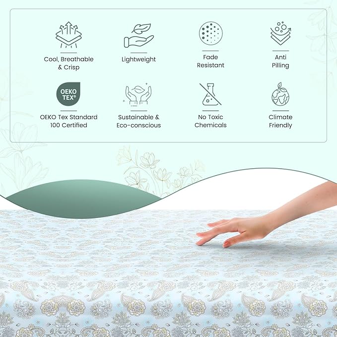 Feather & Stitch Softest 100% Cotton Sheets, 300 Thread Count Percale Weave Bedding, 16" Deep Pocket, Cooling Sheets, Breathable Bed Set, Hotel Premium Quality (Queen, Aqua Paisley)