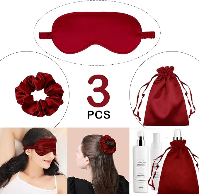 3Pcs Satin Eye Mask Silk Sleep Masks Set Silky Blindfold Eyeshade Blackout Eyes Cover Pouches Bag Scrunchy Wedding Gift