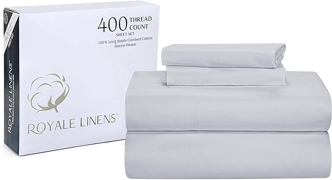 ROYALE LINENS 400 Thread Count 100% American Grown Cotton 3 Piece Sateen Twin Sheet Set - 1 Fitted Sheet, 1 Flat Sheet, 1 Pillow case - Silver Twin Bedsheet - Cotton Sheets - (Twin, Spanish Silver)
