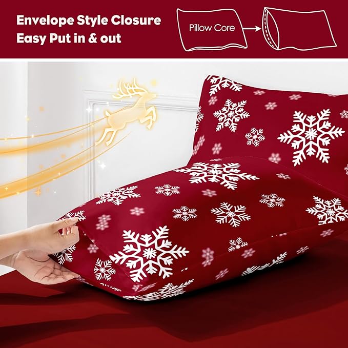YIYEA Christmas Pillow Cases Queen Size Set of 4, Ultra Soft Double Brushed Microfiber Red Pillowcases and Christmas Snowflake Pillow Covers, Envelope Closure, Fade Resistant (20"x30")