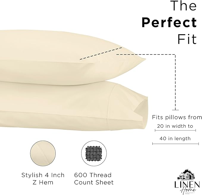 Linen Home 600 Thread Count King Pillowcase Set | 100% Long-Staple Cotton Pillow Cases | Soft & Smooth Luxury Satin Set of 2 Pillowcases | 4 Inch Z Hem | Ivory