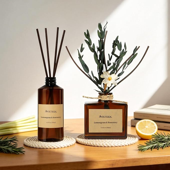 Reed Diffuser, Lemongrass Rosemary Fresh Ginger Scented Oil Refill with Diffuser Sticks, 6.8 Fl Oz (200ml) Essential Oil Diffuser for Bathroom, Elegant Fragrance for Room Decor