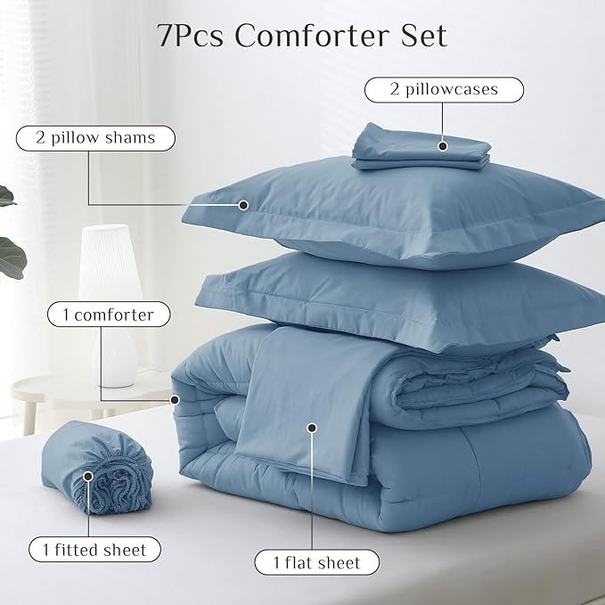 JOLLYVOGUE Full Comforter Set, Ultra-Soft Bed in a Bag Full Size 7 Pieces, Oeko-TEX Certified Bedding Set with Down Alternative Comforter, Sheets, Pillowcases & Shams, Dusty Blue