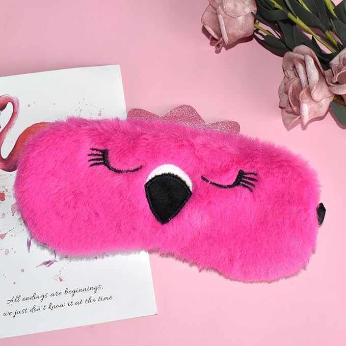Funny Flamingo Sleeping Mask Eye Mask Cute Animal Sleep Mask Soft Plush Blindfold Travel Eye Cover Eyeshade for Kids Adults Girls Boys Women Men (Flamingo, Hot Pink)