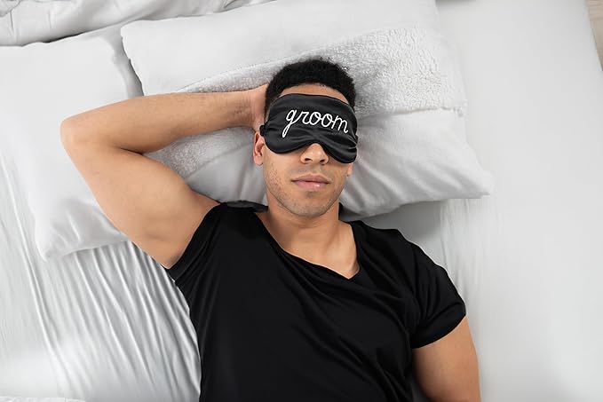 Funky Junque Satin Sleep Mask, Eye Mask for Sleeping & Travel - Funny Adjustable Blindfold Bachelor Gift - Groom (Black)