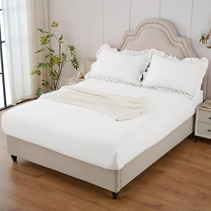 Homiest 3-Pieces Ruffle Pillow Case & Fitted Sheet Set, White King Sheets with 2 Ruffled Pillow Shams, 15 Inch Deep Pocket, Cute & Coquette Microfiber Bed Set for Decorating Bedroom Hotel