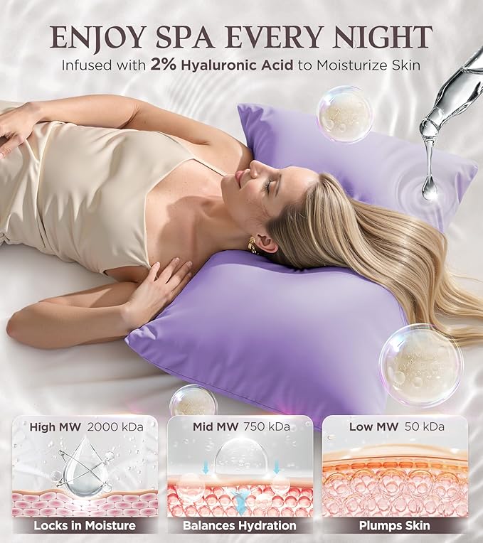 Instant Chill Cooling Pillowcase for Hot Sleepers, 2% HA Infused Pillowcase Hydrates Skin & Hair, Reduces Wrinkles & Frizz, Softer Than Silk Pillow Cases, Pillow Covers Queen (Purple, 1 Pack)
