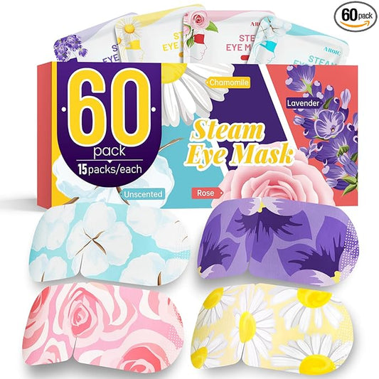 AROIC 60 Pack Steam Eye Masks Disposable, Heated Eye Mask Warm Compress for Eyes, Relaxation Mothers Day Gifts Self Care for Women, Spa Travel Essentials - Lavender, Unscented, Chamomile, Rose