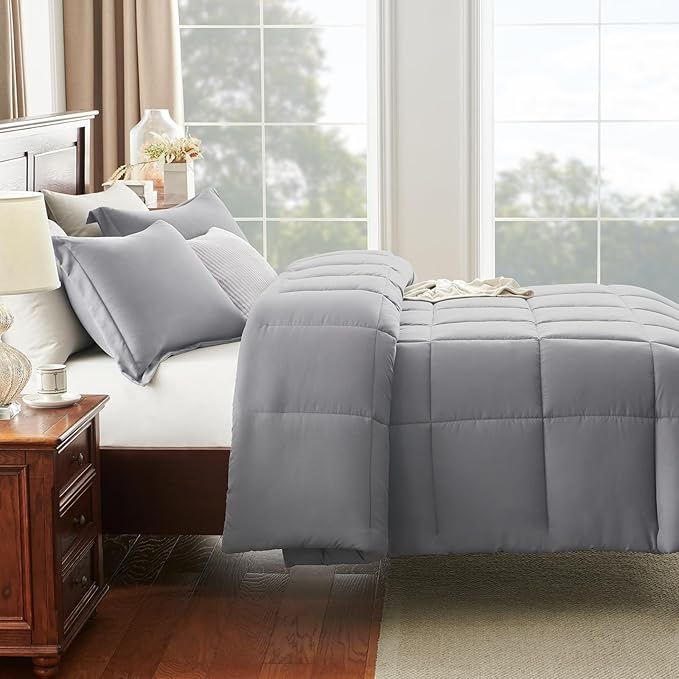 CozyLux Queen Comforter Set - Grey Comforters Queen Size, 3 Pieces Box Stitched Bed Set for All Seasons, Soft Lightweight Bedding Sets with 1 Down Alternative Comforter and 2 Pillow Shams