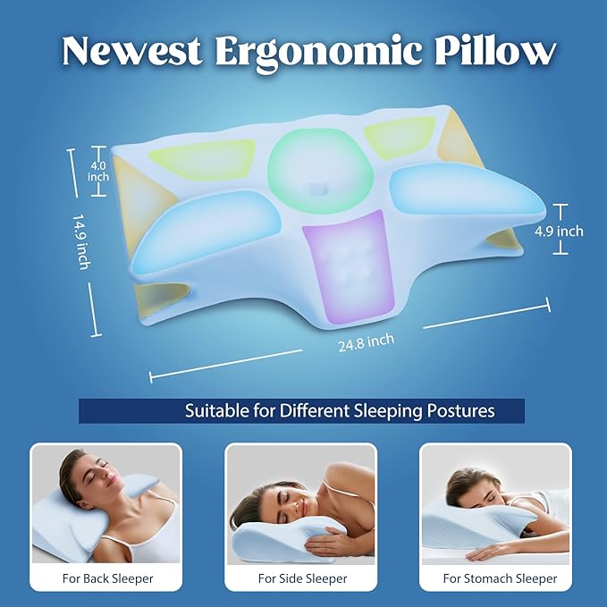 Cervical Pillow for Neck Pain Relief, Cooling Contour Memory Foam Pillows Support Odorless Ergonomic Neck Pillow Adjustable Orthopedic Bed Pillow for Side Back Stomach Sleeper,Blue