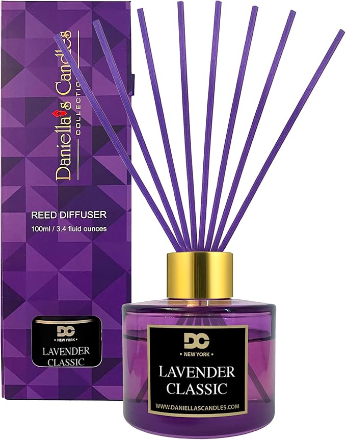 Daniella's Candles Reed Diffuser Set, Lavender Classic, Scented Diffuser with 8 Rattan Sticks, Home Fragrance, Long Lasting Oil Up to 20 Weeks