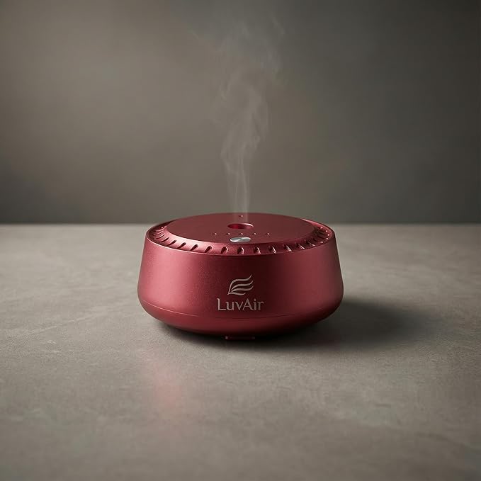 LuvAir Smart waterless car Aroma Diffuser Set, Adjustable Ultra Sonic-Mist Technology, Rechargeable, 100% Natural Fragrance, Aromatherapy Oil Scent Included (Red, Peach Lumiere)