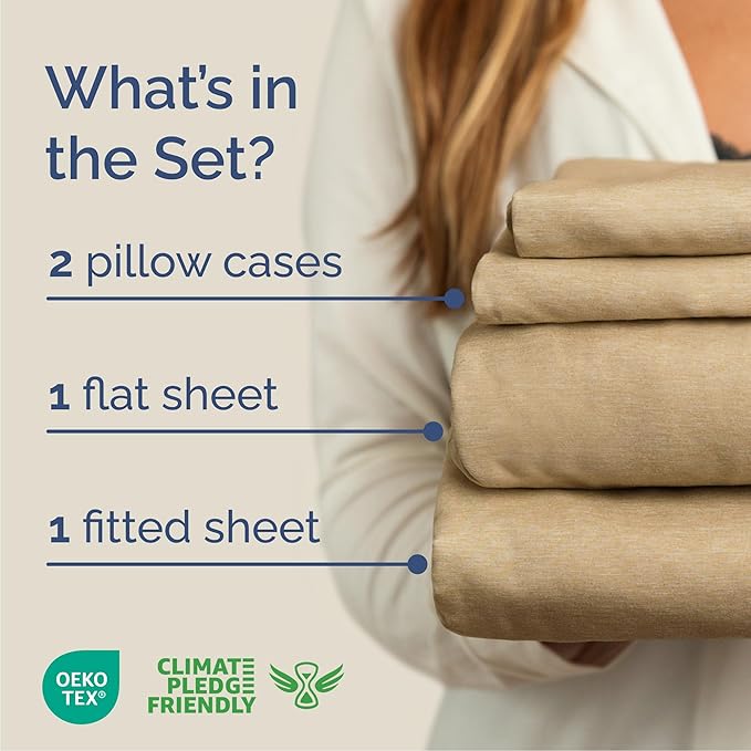 Queen Size 4 Piece Hotel Luxury Bed Sheet Set - Breathable, Cooling, Deep Pocket, Easy-Fit, Soft & Wrinkle Free - Heathered Tan