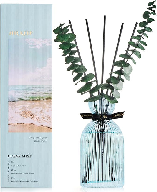 Airkeep Reed Diffuser Set 6.76 oz – Ocean Mist Home Fragrance with Eucalyptus Sticks – Decorative Glass Bottle for Bathroom, Bedroom & Living Room Décor – Gift Ready