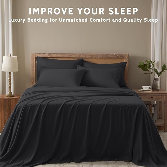 Full Size Bed Sheets - 6 Piece Soft Microfiber and Wrinkle Free Sheets - Easy Care, Extra Soft, Cooling Sheets - 1 Deep Pocket Fitted Sheet 1 Flat Sheet and 4 Pillowcases (Full Balck)