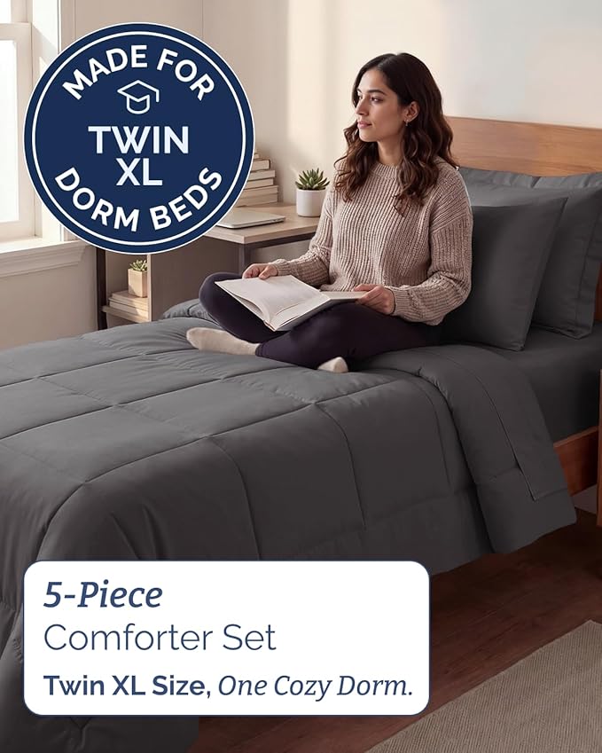 Twin XL Comforter Set - 5 Piece Bed in a Bag Twin XL Size Bed Set - Down Alternative Comforter, Flat Sheet, Fitted Sheet, Pillowcase & Sham for All Seasons - Ultra Soft, Comfy, Breathable - Dark Grey