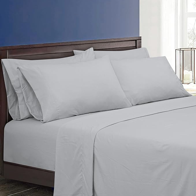 ROYALE LINENS 300 Thread Count Poly/Cotton Cooling Sateen Sheet Set - 6 Piece King Bed Sheets - 1 Fitted, 1 Flat, 4 Pillow Cases -Soft Cool & Crisp Sheet Set (King, Glacier Grey)