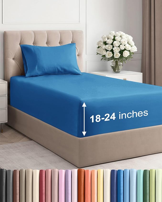 Extra Deep Twin Sheet Set - 3 Piece Breathable & Cooling Bed Sheets - Easily Fits 18 to 24 inch Mattress - Ultra Soft, Wrinkle & Fade Free with Extra Deep Pockets - Hotel Luxury Bedding - Denim Blue