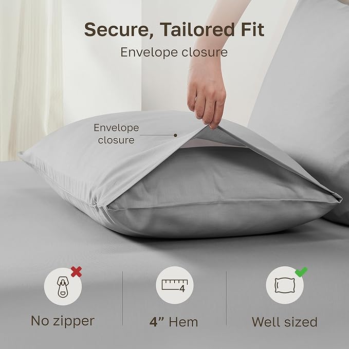 California Design Den Standard/Queen Pillowcases Set of 2-100% Egyptian Cotton, Crisp Percale Feel, Soft & Breathable Standard/Queen Size Pillow Covers - Light Grey