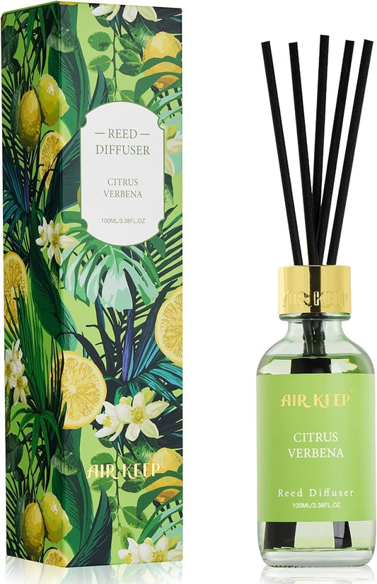 Airkeep Reed Diffuser Set, 3.38 fl oz (100 ml) - Cirtus Verbena Oil Diffusers with 8 Reed Sticks, Home Fragrance Reed Diffuser for Bathroom Shelf Decor