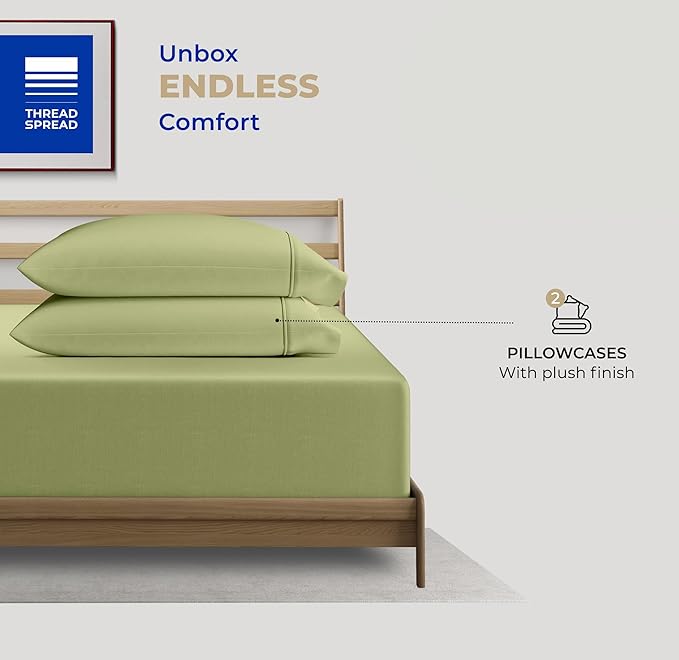 Thread Spread 100% Cotton King Size Pillow Cases Set of 2 - Luxury 400 Series Glee Collection Pillow Cases King Size (Sage Green), Soft Cooling Breathable & Durable Sateen Hotel Cotton Pillowcases