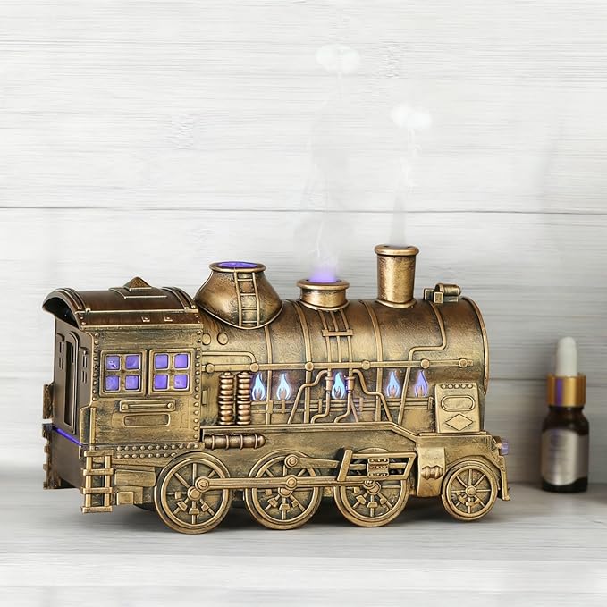 Train Diffuser, Train-Shaped Essential Oil Diffuser, Cool Mist Humidifier, Dual-Color LED Night Light, 300ml Capacity with Dual Mist Modes, Home Decor with 2-8Hour Timer (Bronze)